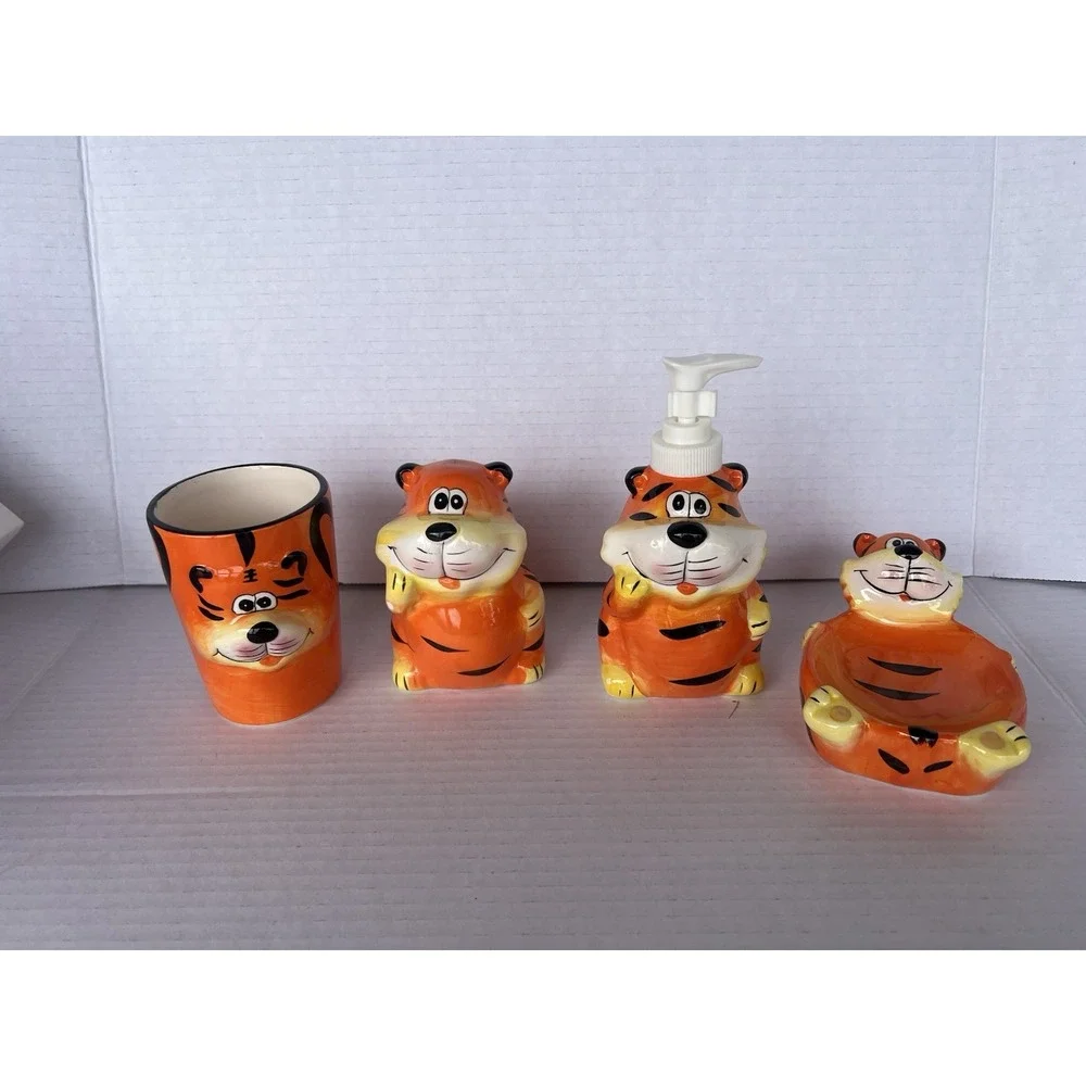 New 4 Piece Ceramic Kids lion Zoo‎ Animal Bathroom Set Soap Toothbrush Cup